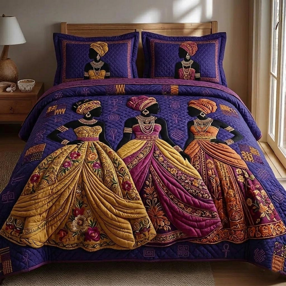 Royal Glow Gowns in Gold and Magenta quilted bedding set, quilt and two pillow shams on a made bed