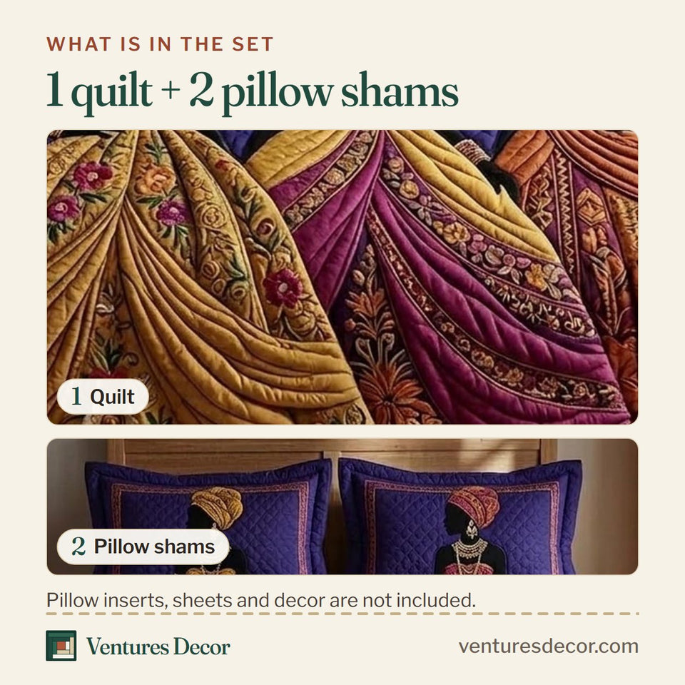What is in the set: one quilt and two pillow shams, shown in the Royal Glow Gowns in Gold and Magenta design