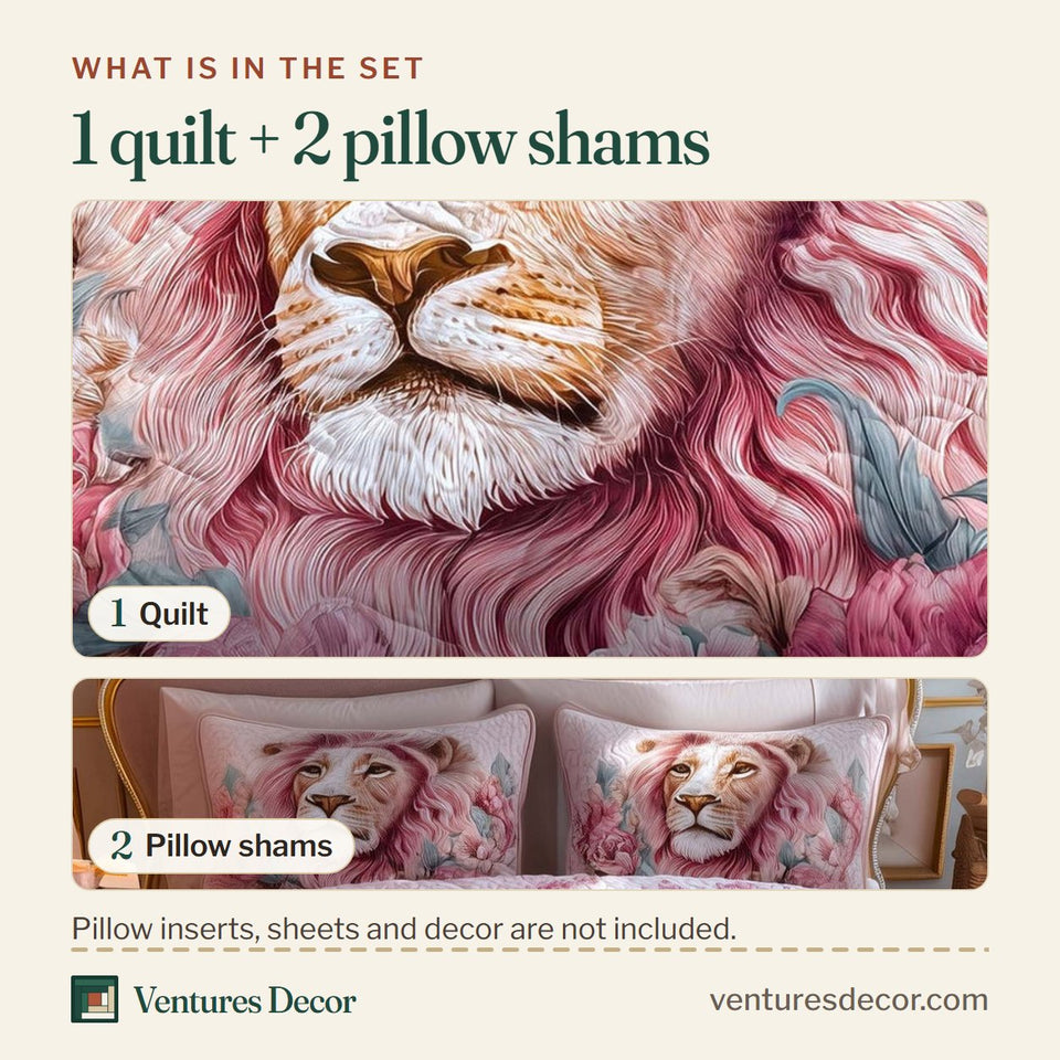 What is in the set: one quilt and two pillow shams, shown in the Royal Lion design