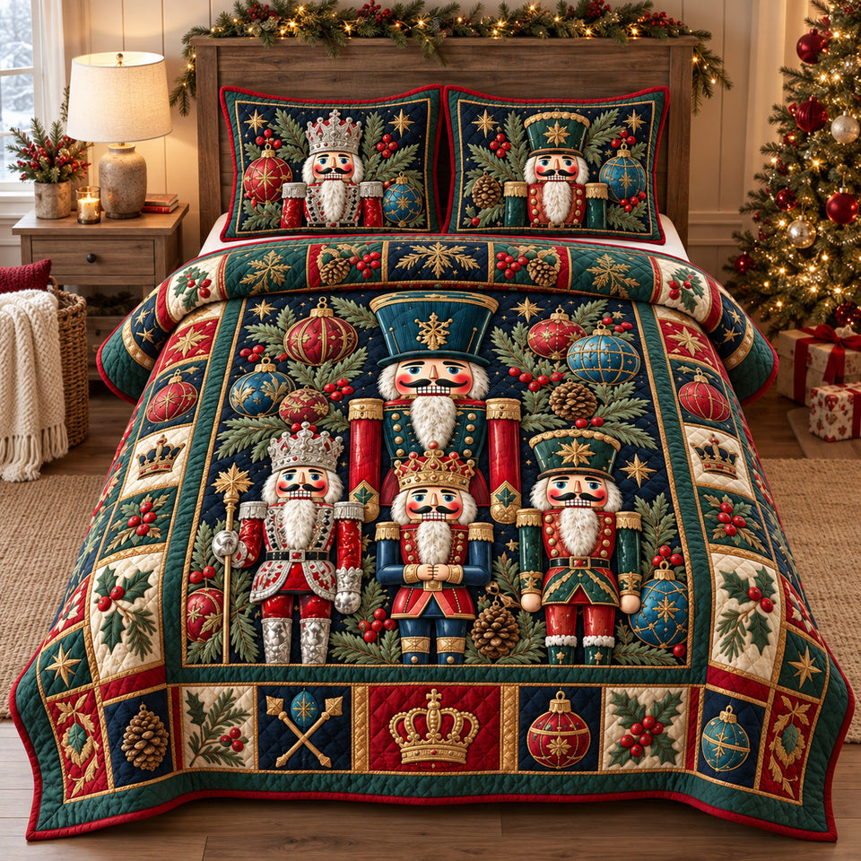 Royal Nutcracker Christmas quilted bedding set, quilt and two pillow shams on a made bed