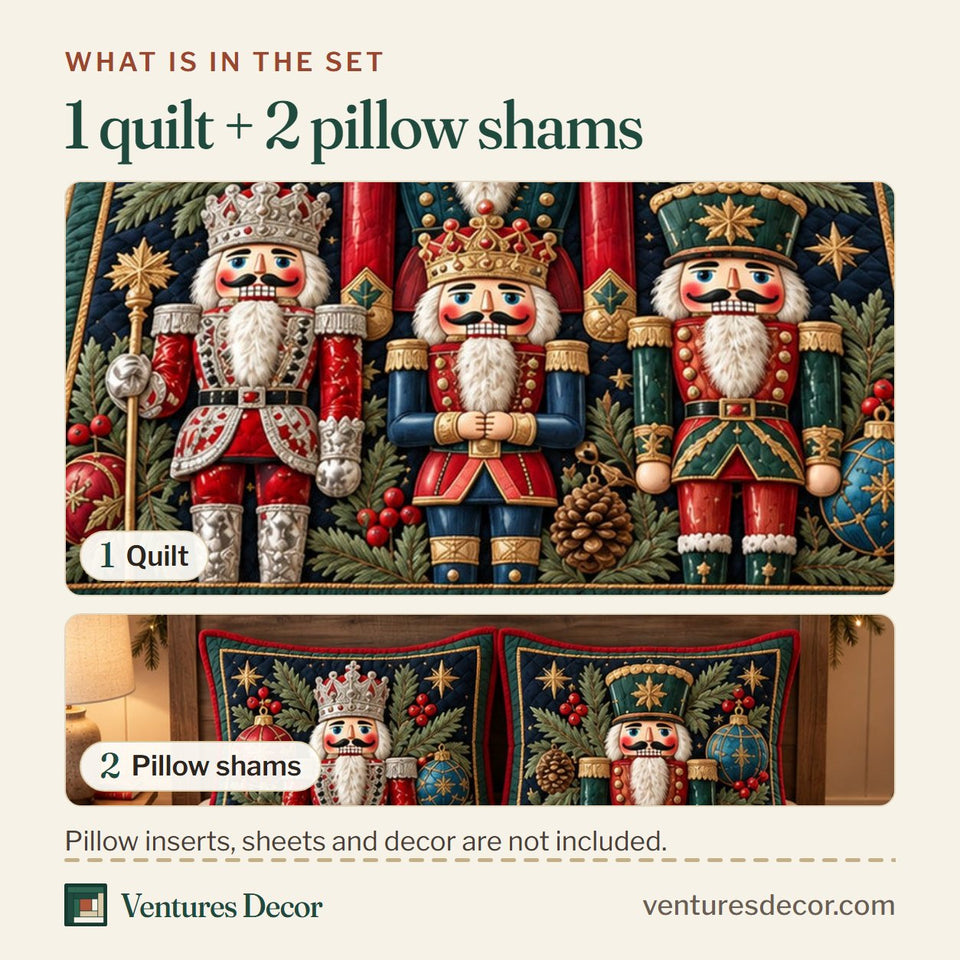 What is in the set: one quilt and two pillow shams, shown in the Royal Nutcracker Christmas Quilt Set, 3-Piece Quilted Bedding with 2 Pillow Shams design