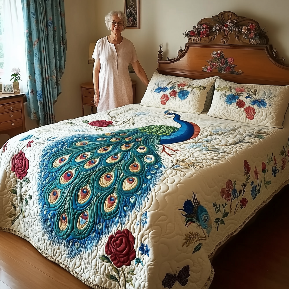 Royal Peacock Butterfly and Roses quilted bedding set, quilt and two pillow shams on a made bed