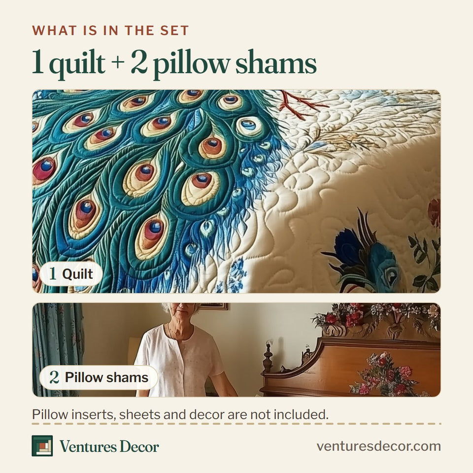 What is in the set: one quilt and two pillow shams, shown in the Royal Peacock Butterfly and Roses design