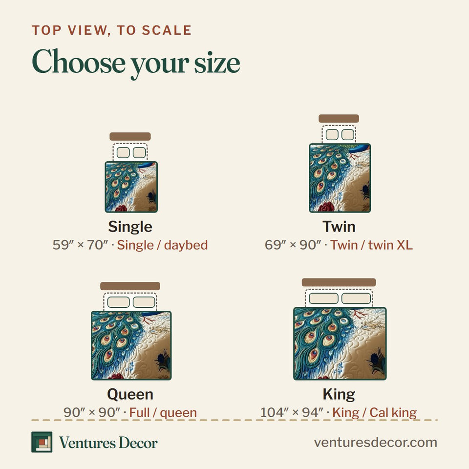 Size guide for the Royal Peacock Butterfly and Roses quilt, top view to scale: Single 59 x 70 in, Twin 69 x 90 in, Queen 90 x 90 in, King 104 x 94 in