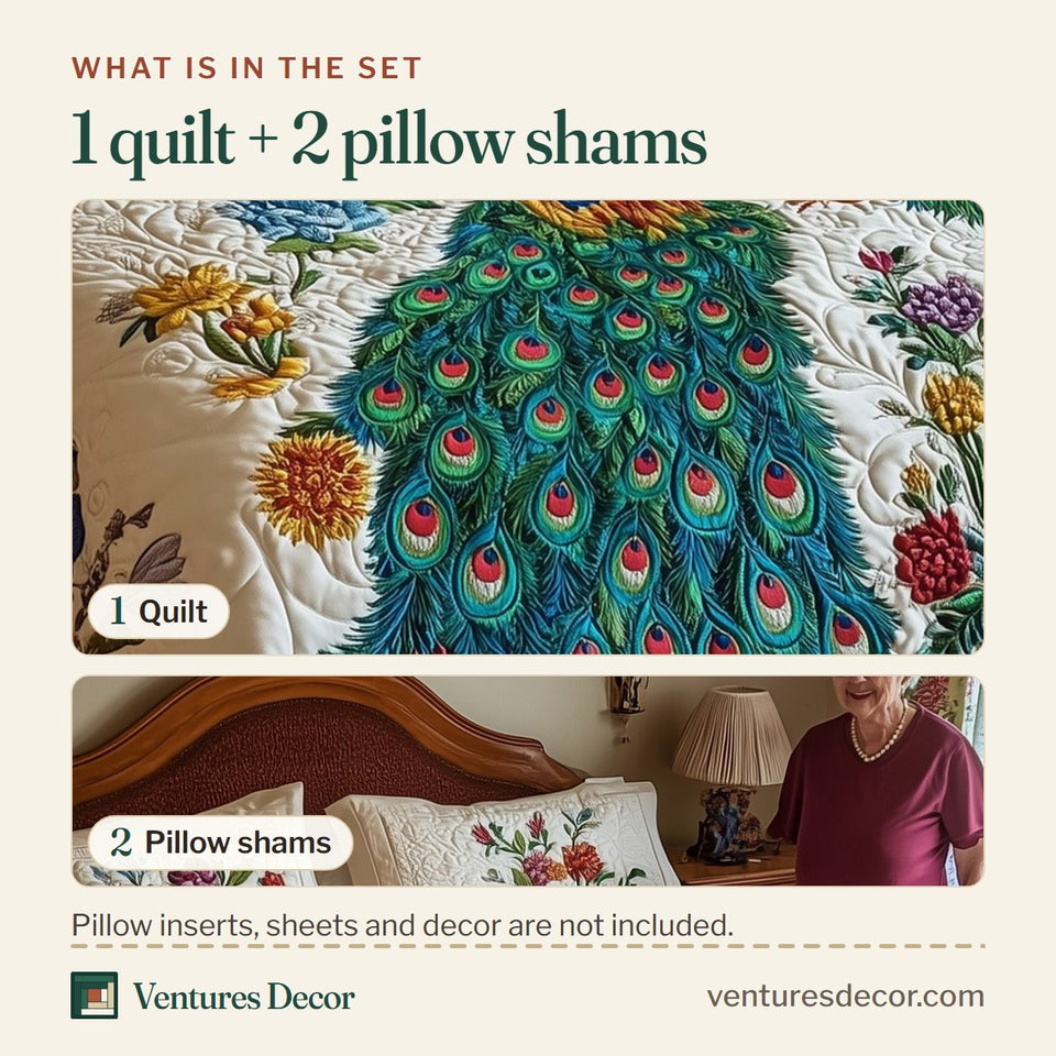 What is in the set: one quilt and two pillow shams, shown in the Royal Peacock Cream Wildflower Garden design