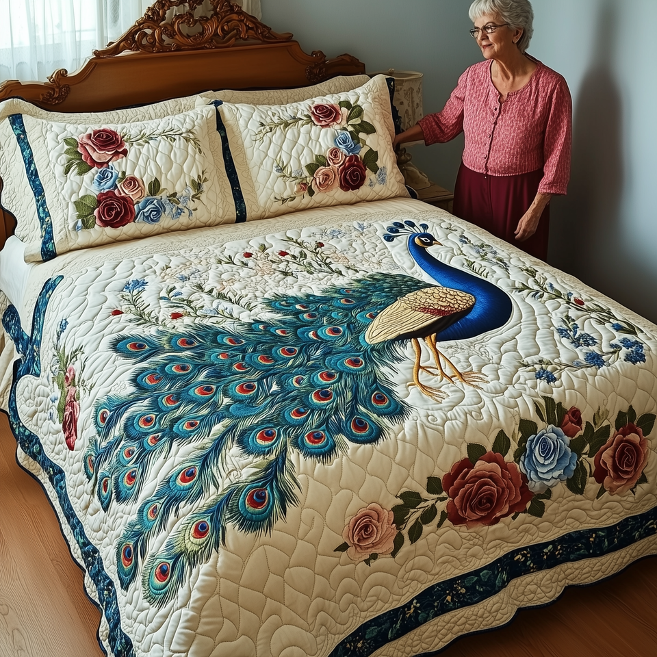 Royal Peacock Navy Floral Border quilted bedding set, quilt and two pillow shams on a made bed