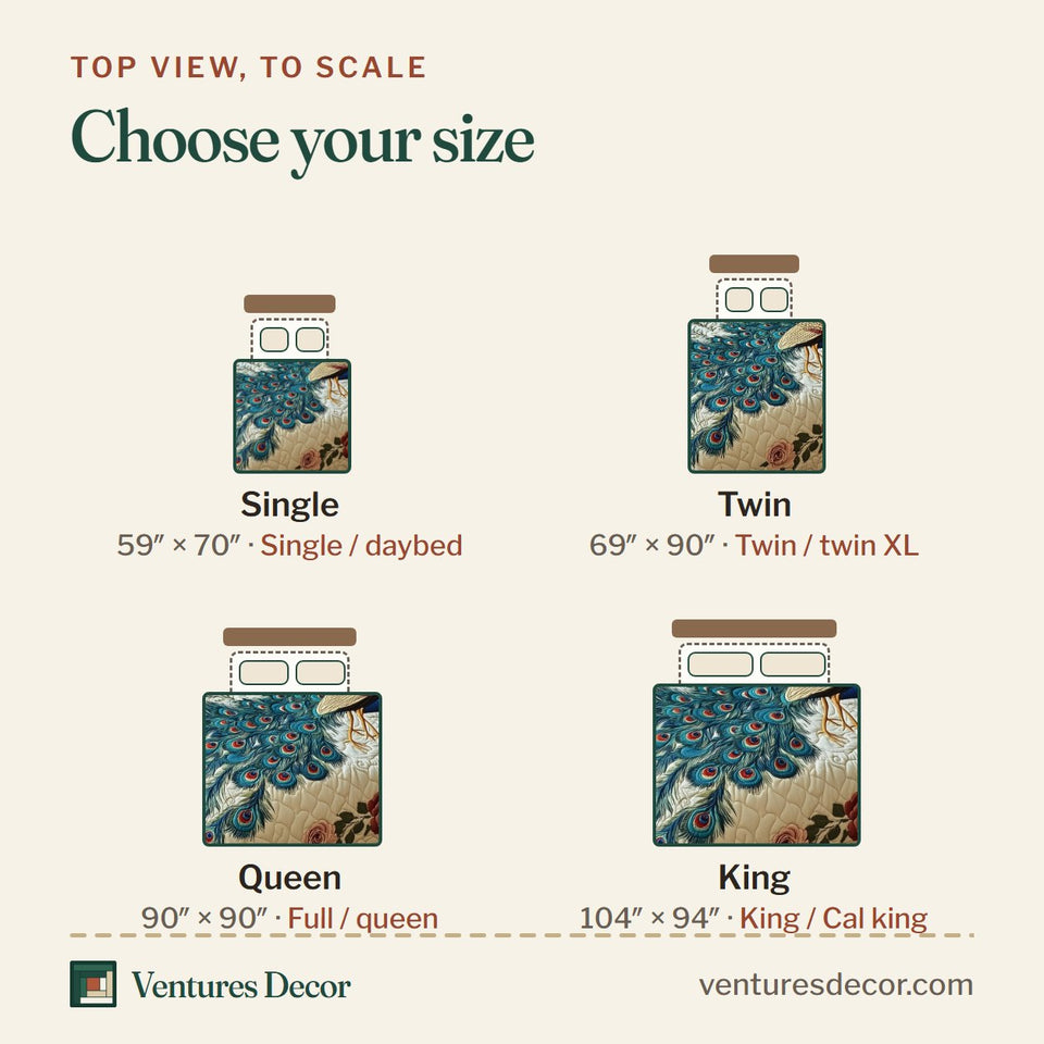Size guide for the Royal Peacock Navy Floral Border quilt, top view to scale: Single 59 x 70 in, Twin 69 x 90 in, Queen 90 x 90 in, King 104 x 94 in