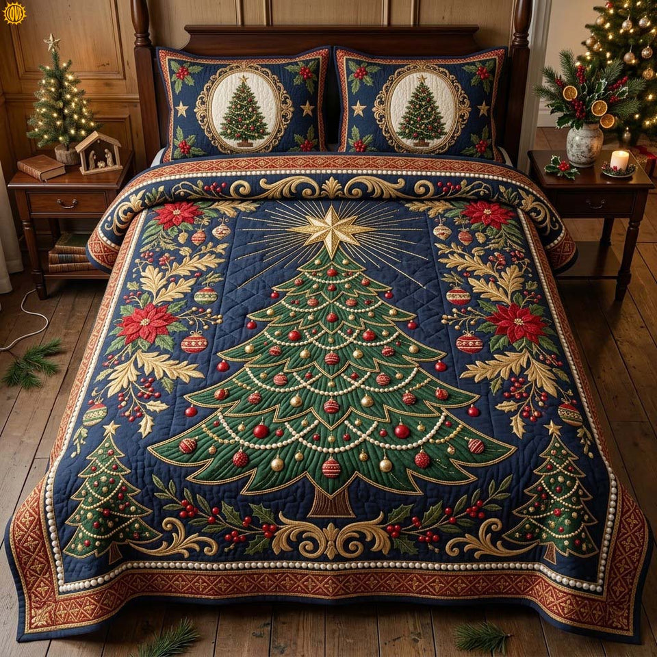 Royal Ruby Christmas Tree quilted bedding set, quilt and two pillow shams on a made bed
