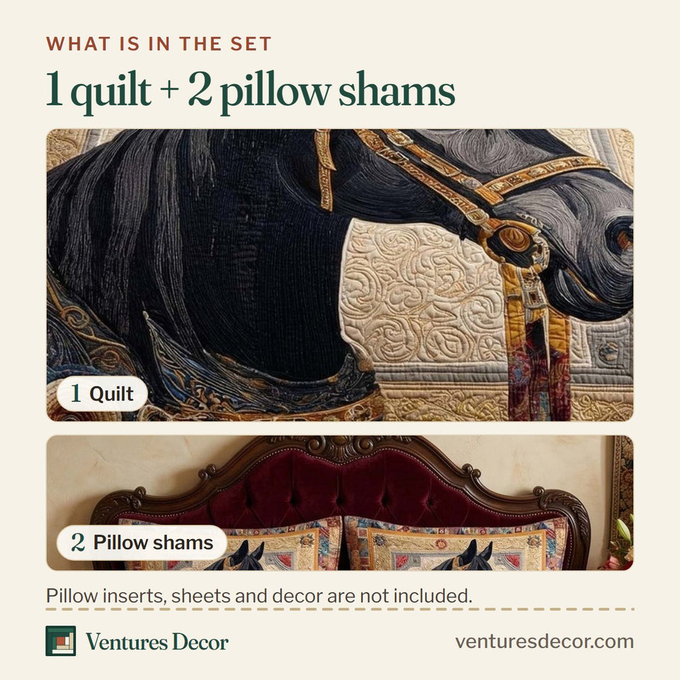 What is in the set: one quilt and two pillow shams, shown in the Royal Stallion design