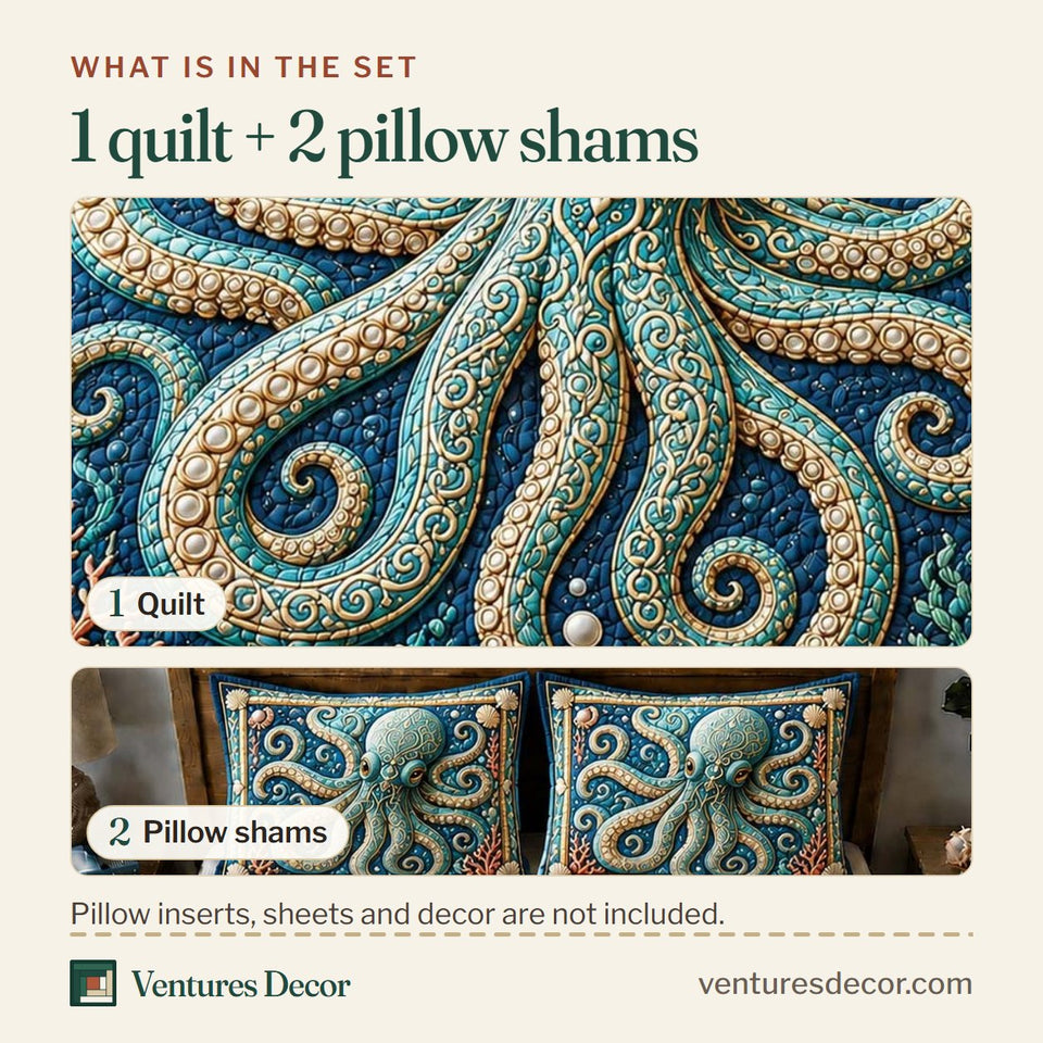What is in the set: one quilt and two pillow shams, shown in the Royal Tide Octopus design