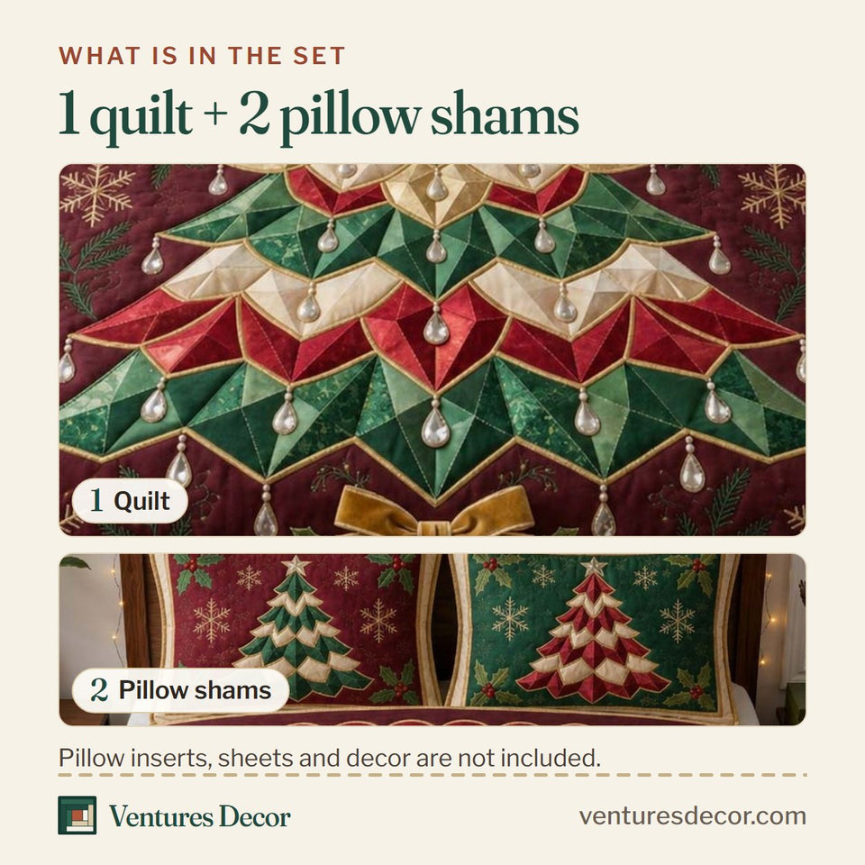 What is in the set: one quilt and two pillow shams, shown in the Ruby Poinsettia Christmas Tree design