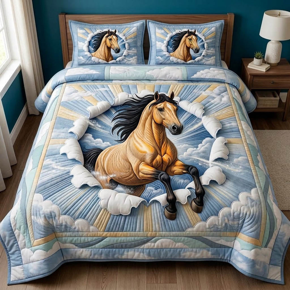 Running Horse in Gray quilted bedding set, quilt and two pillow shams on a made bed