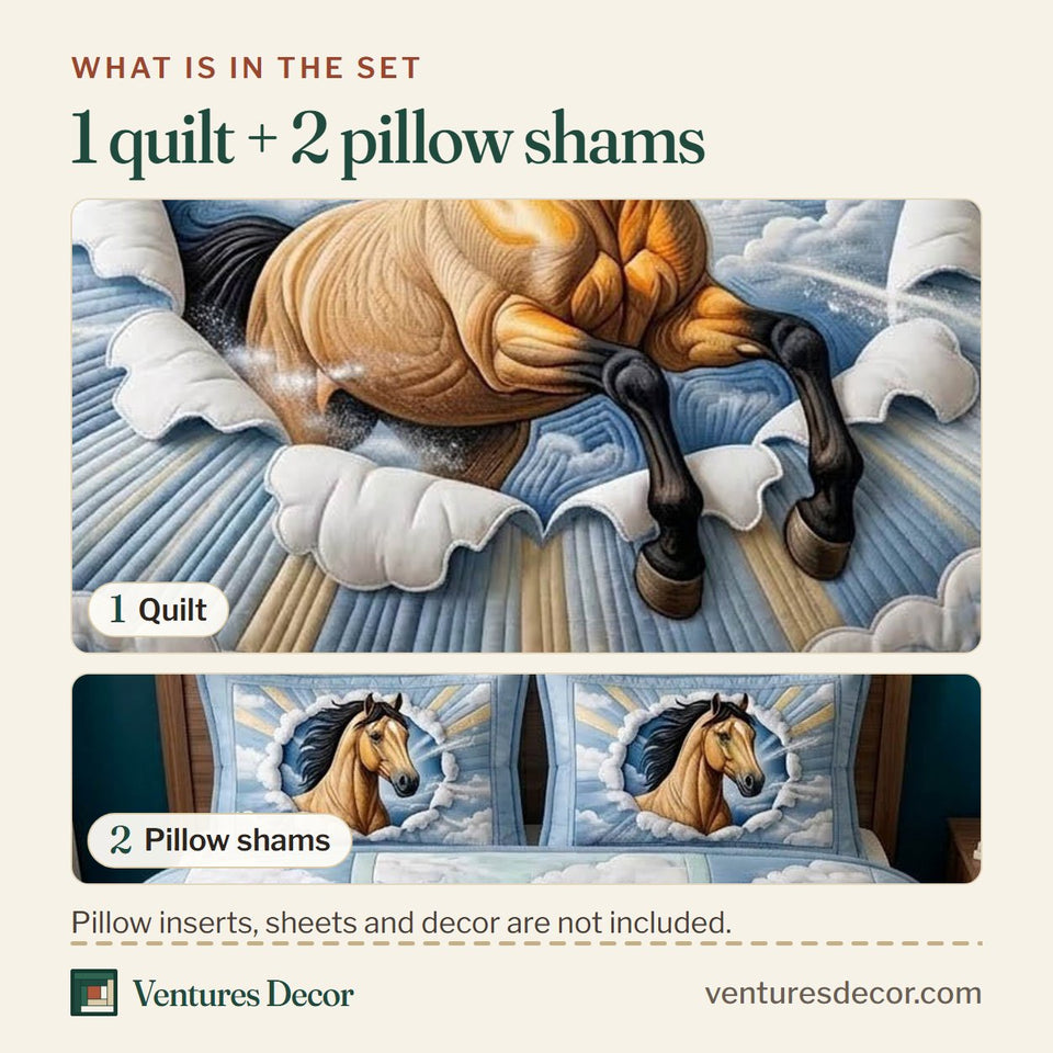 What is in the set: one quilt and two pillow shams, shown in the Running Horse in Gray design