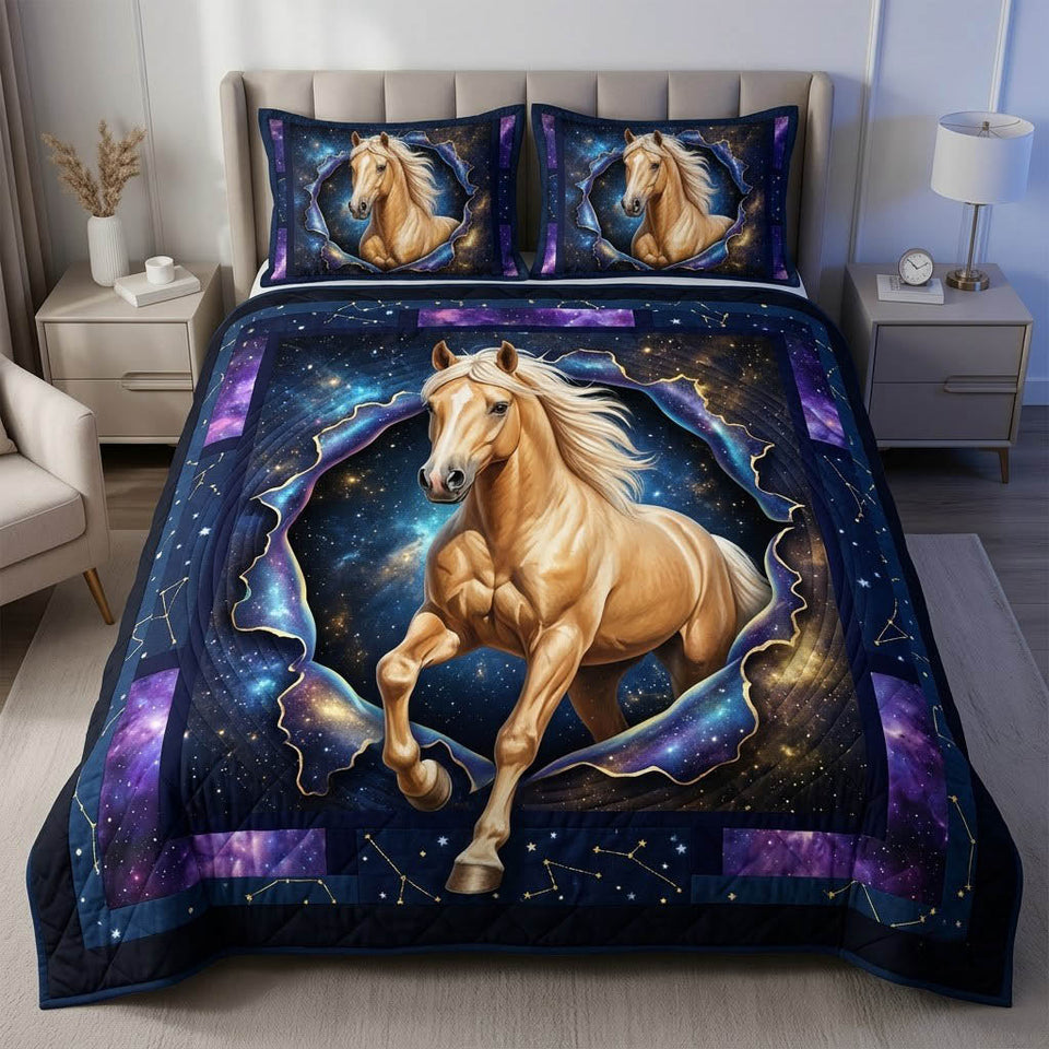 Running Horse in Charcoal quilted bedding set, quilt and two pillow shams on a made bed