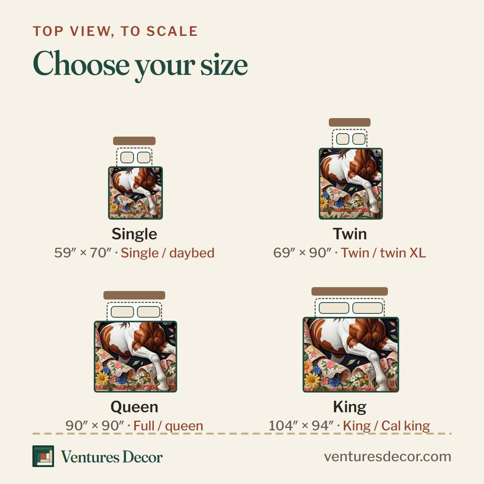 Size guide for the Running Horse in Brown quilt, top view to scale: Single 59 x 70 in, Twin 69 x 90 in, Queen 90 x 90 in, King 104 x 94 in