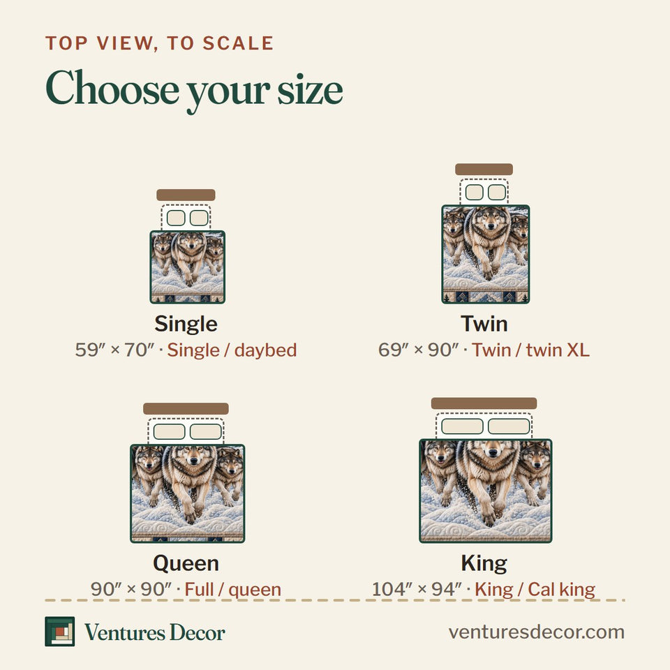Size guide for the Running Wolf Pack quilt, top view to scale: Single 59 x 70 in, Twin 69 x 90 in, Queen 90 x 90 in, King 104 x 94 in
