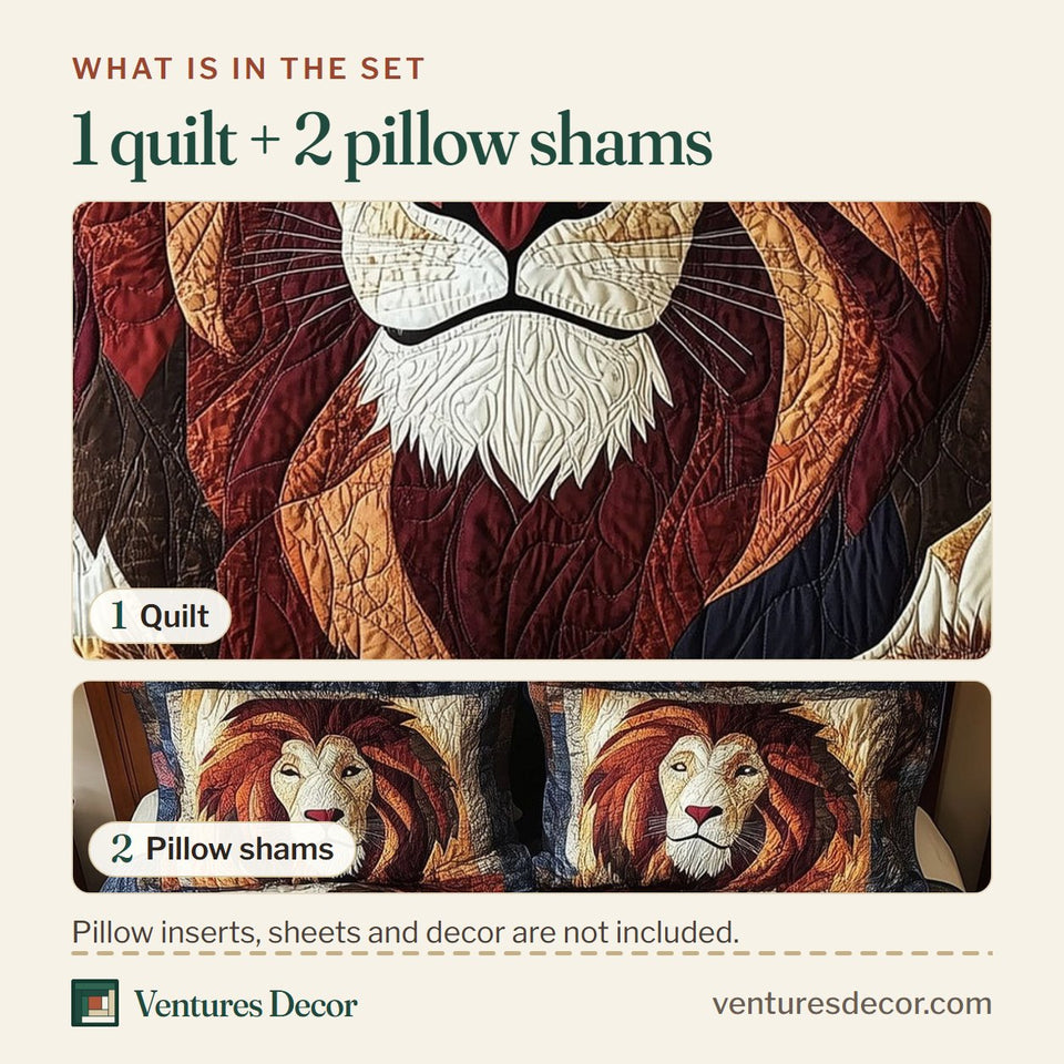 What is in the set: one quilt and two pillow shams, shown in the Russet Mane Monarch design