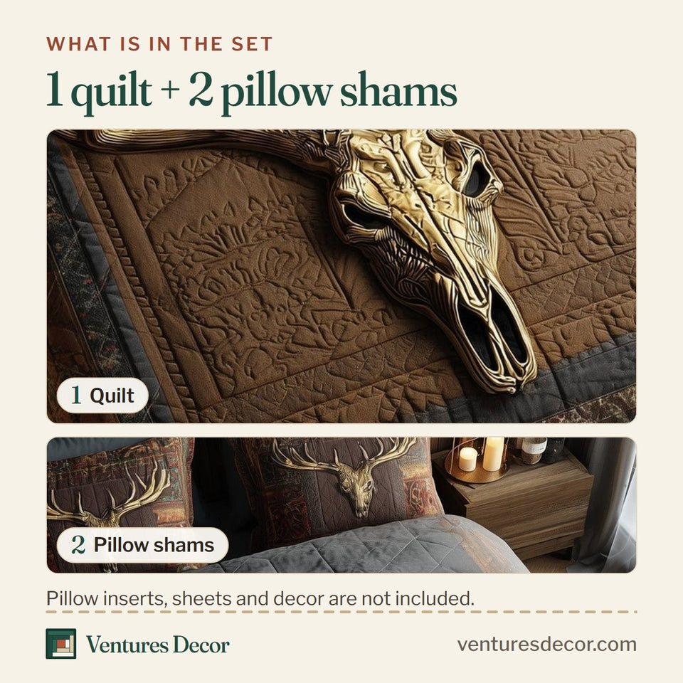 What is in the set: one quilt and two pillow shams, shown in the Rustic Antler Golden Skull Brown Panel design