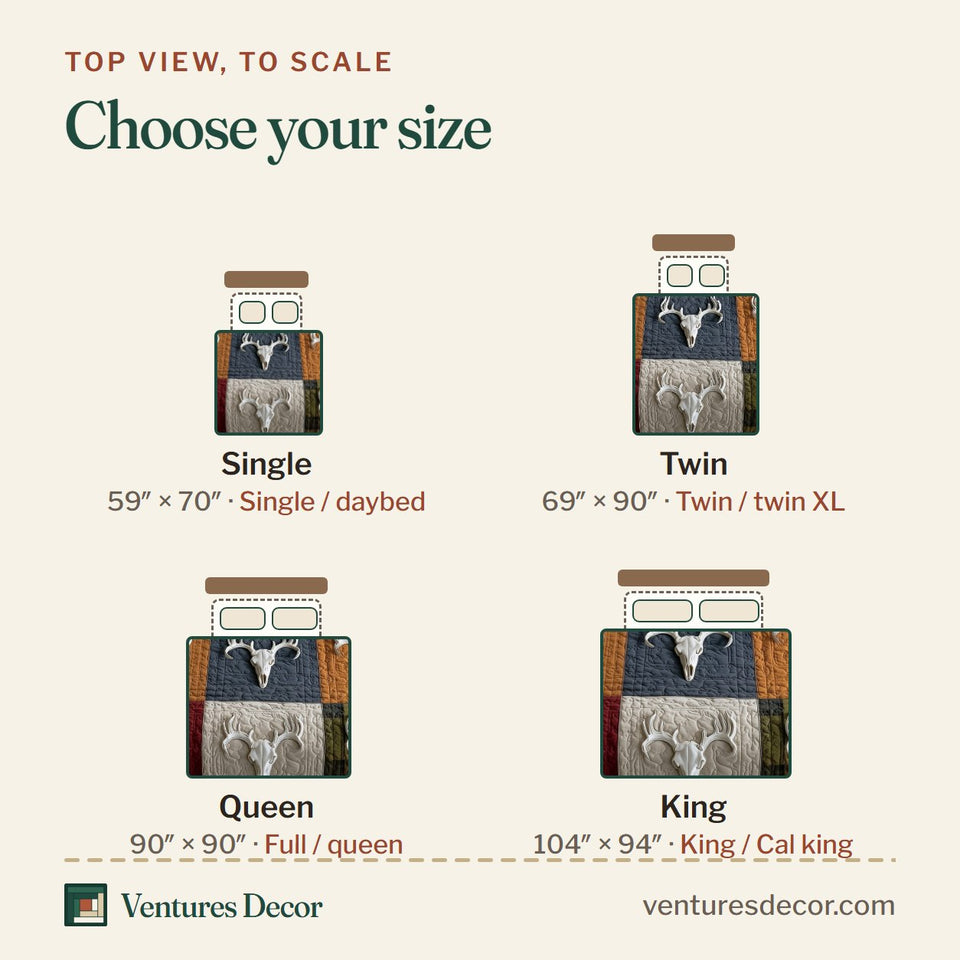Size guide for the Rustic Antler Nine Square Skull Rows quilt, top view to scale: Single 59 x 70 in, Twin 69 x 90 in, Queen 90 x 90 in, King 104 x 94 in
