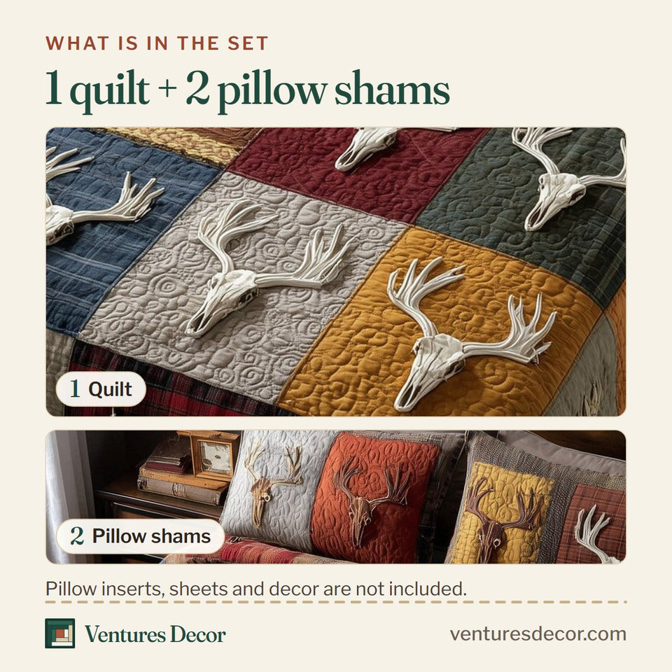 What is in the set: one quilt and two pillow shams, shown in the Rustic Antler Red Plaid Block Skulls design
