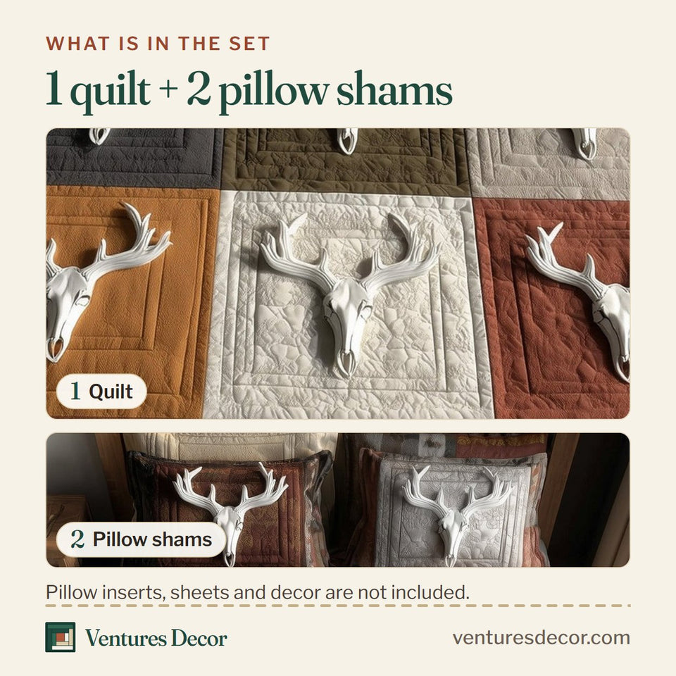 What is in the set: one quilt and two pillow shams, shown in the Rustic Antler Six Block Skull Grid design