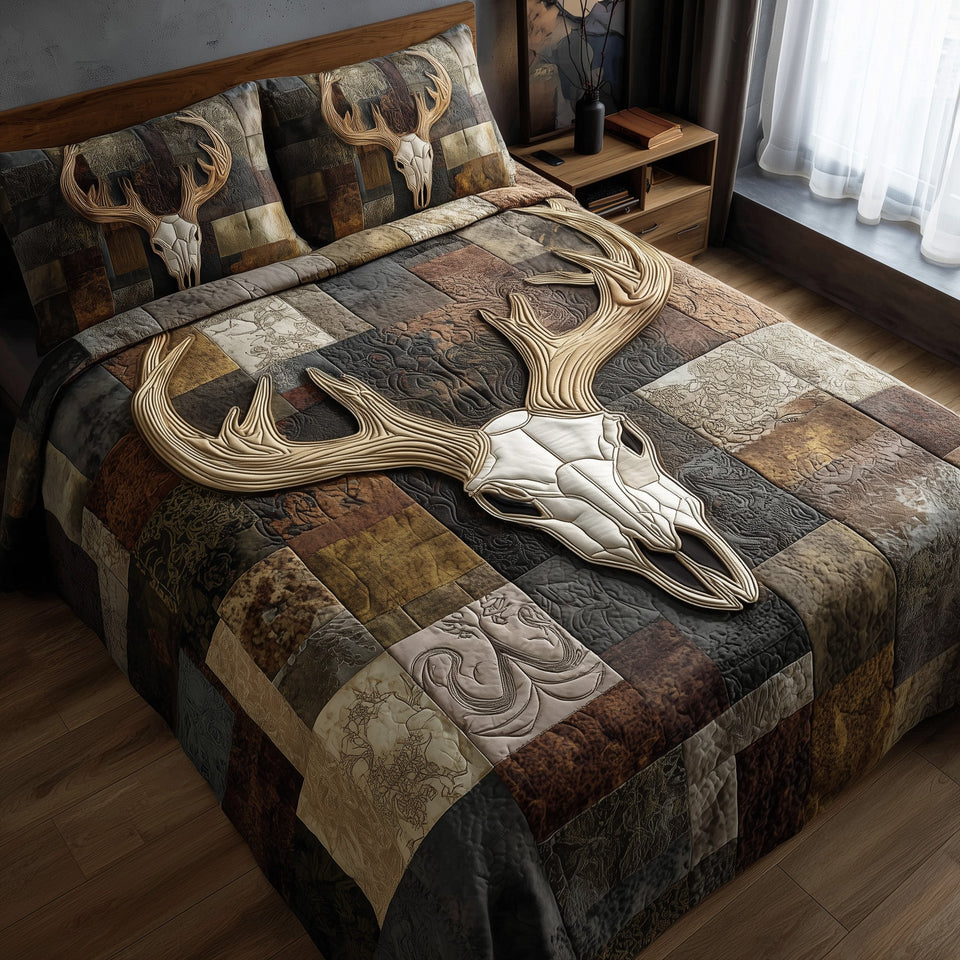 Rustic Antler Skull Patchwork quilted bedding set, quilt and two pillow shams on a made bed