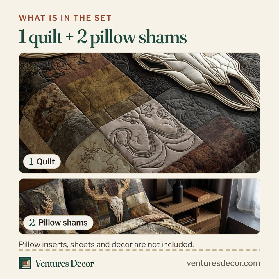 What is in the set: one quilt and two pillow shams, shown in the Rustic Antler Skull Patchwork design