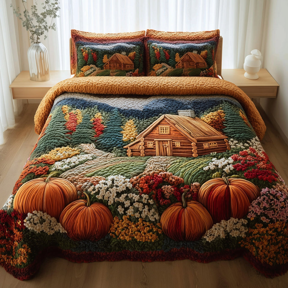 Rustic Autumn Log Cabin Pumpkin Patch quilted bedding set, quilt and two pillow shams on a made bed