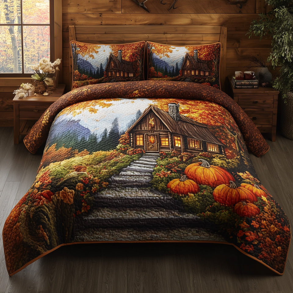 Rustic Autumn Retreat Stone Path and Gourds quilted bedding set, quilt and two pillow shams on a made bed