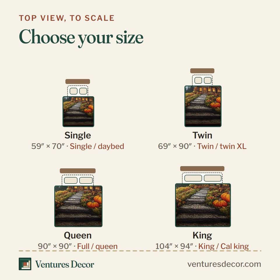 Size guide for the Rustic Autumn Retreat Stone Path and Gourds quilt, top view to scale: Single 59 x 70 in, Twin 69 x 90 in, Queen 90 x 90 in, King 104 x 94 in