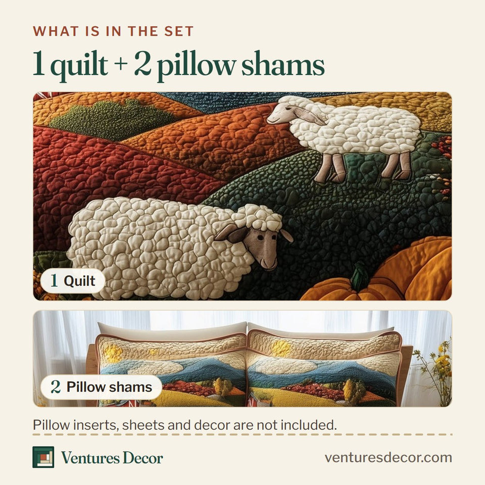 What is in the set: one quilt and two pillow shams, shown in the Rustic Autumn Sheep Hills design