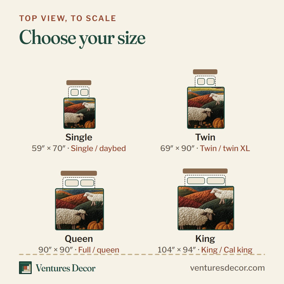 Size guide for the Rustic Autumn Sheep Hills quilt, top view to scale: Single 59 x 70 in, Twin 69 x 90 in, Queen 90 x 90 in, King 104 x 94 in