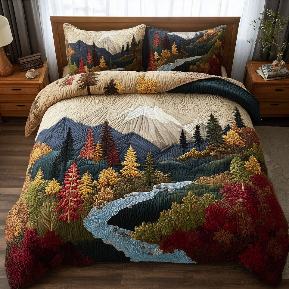 Rustic Autumn Snowy Peak and Creek quilted bedding set, quilt and two pillow shams on a made bed