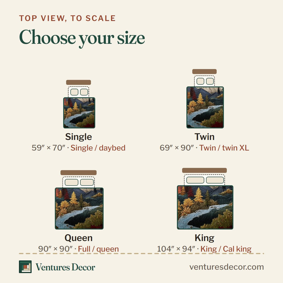 Size guide for the Rustic Autumn Snowy Peak and Creek quilt, top view to scale: Single 59 x 70 in, Twin 69 x 90 in, Queen 90 x 90 in, King 104 x 94 in