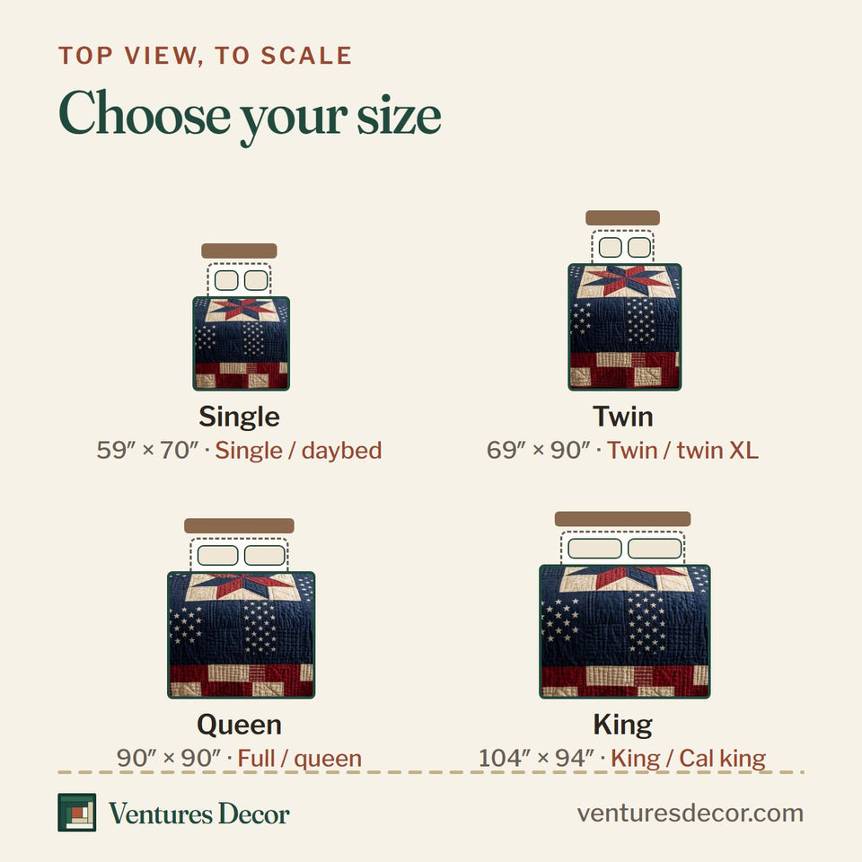 Size guide for the Rustic Barn Star Patriot quilt, top view to scale: Single 59 x 70 in, Twin 69 x 90 in, Queen 90 x 90 in, King 104 x 94 in