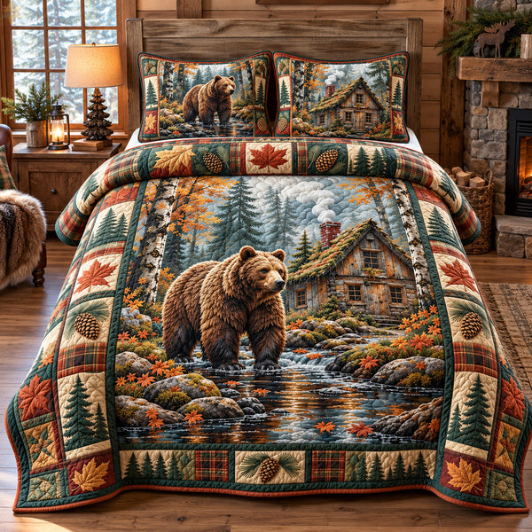 Rustic Bear Cabin Forest Lodge quilted bedding set, quilt and two pillow shams on a made bed