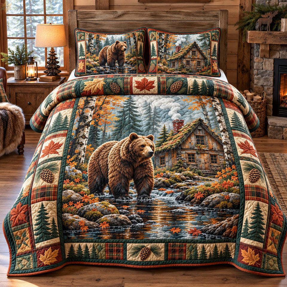 Rustic Bear Cabin Forest Lodge quilted bedding set, quilt and two pillow shams on a made bed