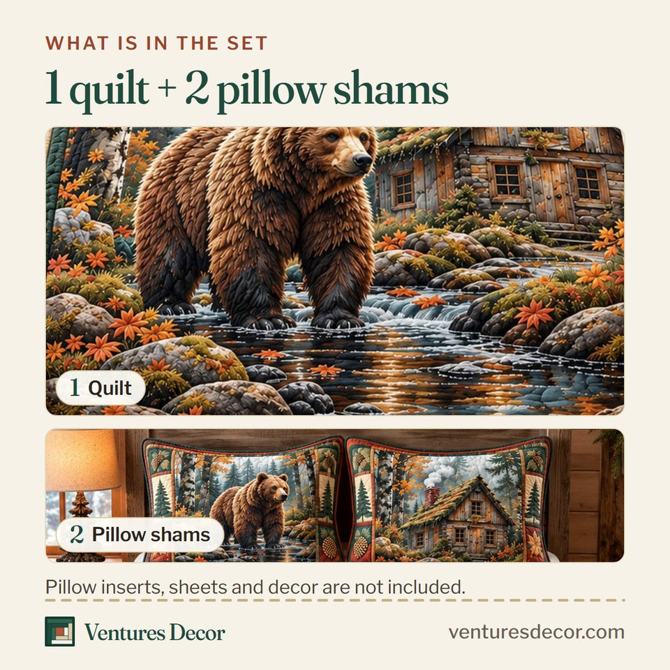 What is in the set: one quilt and two pillow shams, shown in the Rustic Bear Cabin Forest Lodge Quilt Set, 3-Piece Quilted Bedding with 2 Pillow Shams design