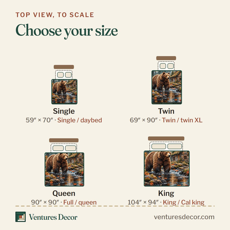 Size guide for the Rustic Bear Cabin Forest Lodge Quilt Set, 3-Piece Quilted Bedding with 2 Pillow Shams quilt, top view to scale: Single 59 x 70 in, Twin 69 x 90 in, Queen 90 x 90 in, King 104 x 94 in