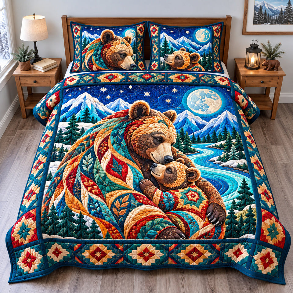 Rustic Bear Cabin quilted bedding set, quilt and two pillow shams on a made bed
