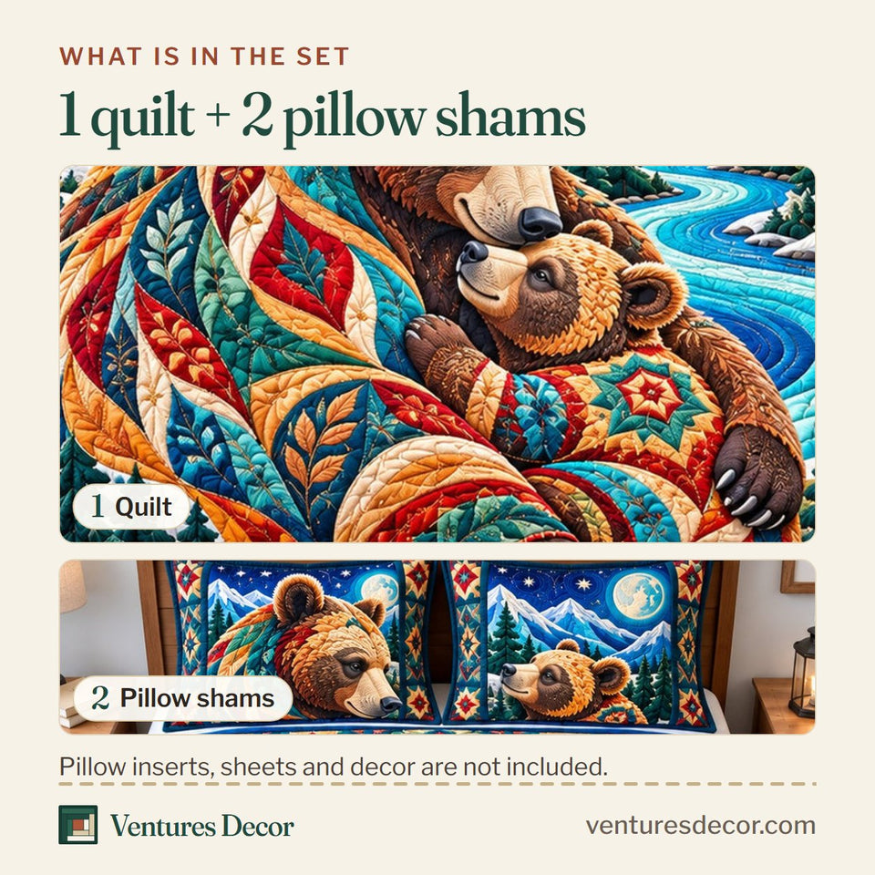 What is in the set: one quilt and two pillow shams, shown in the Rustic Bear Cabin Quilt Set, 3-Piece Quilted Bedding with 2 Pillow Shams design