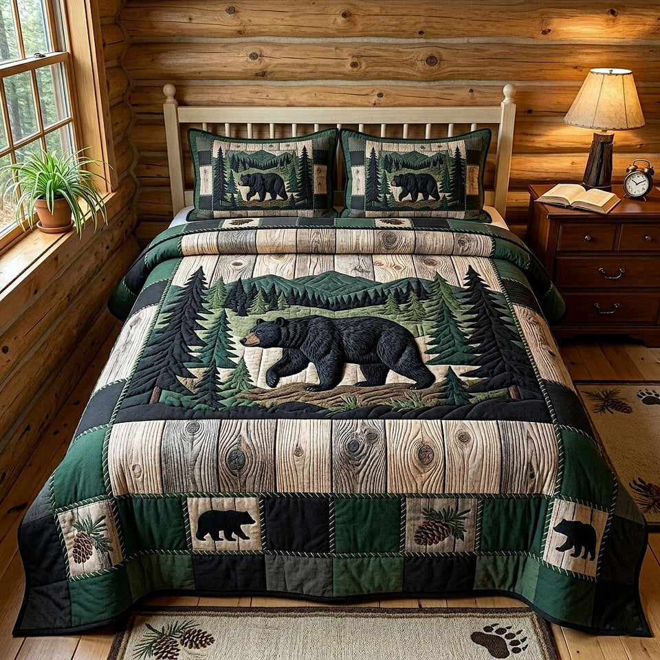 Rustic Bear Green Patchwork Pine Walk quilted bedding set, quilt and two pillow shams on a made bed