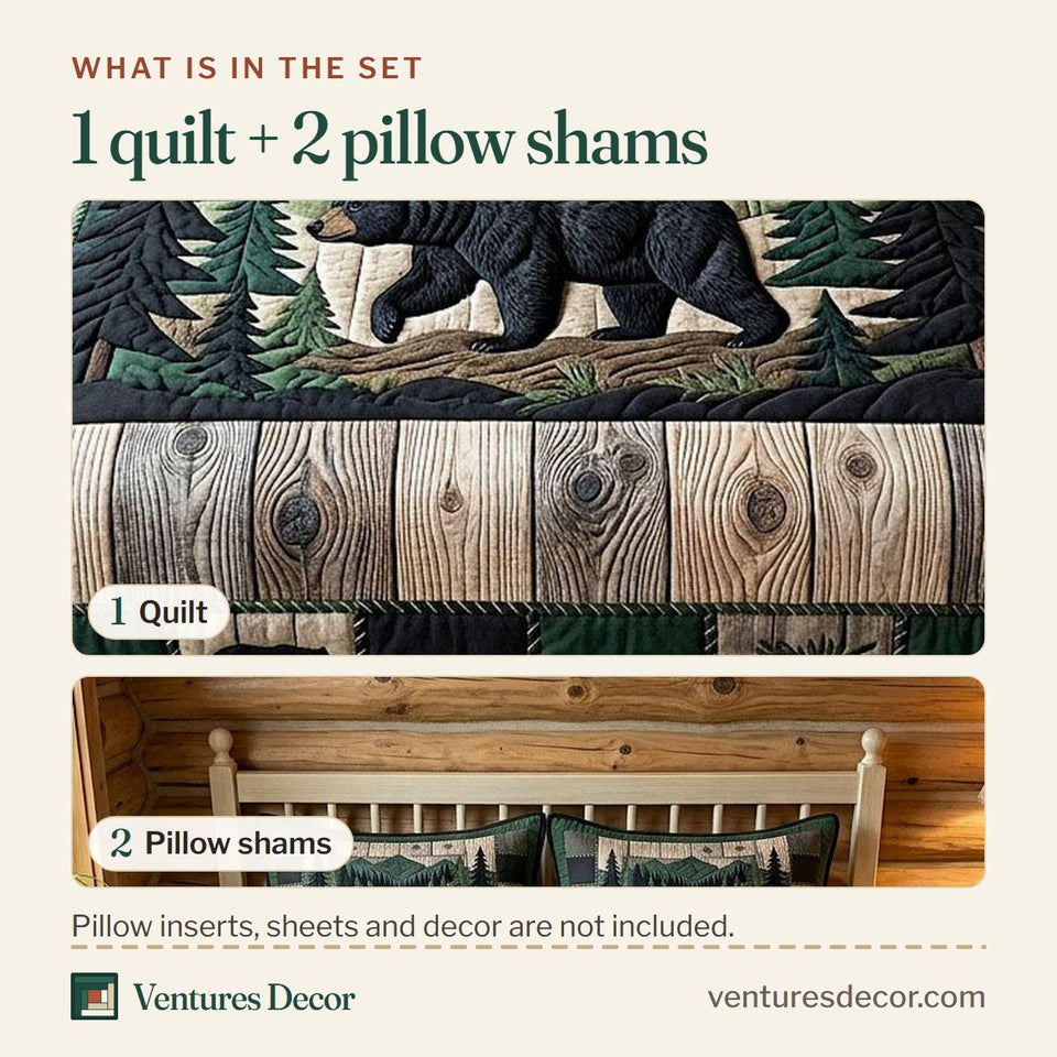 What is in the set: one quilt and two pillow shams, shown in the Rustic Bear Green Patchwork Pine Walk design