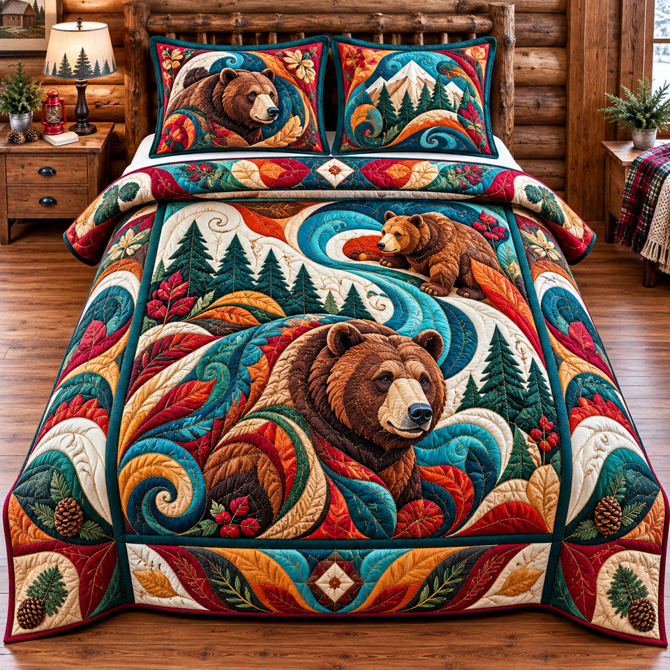 Rustic Bear Lodge quilted bedding set, quilt and two pillow shams on a made bed