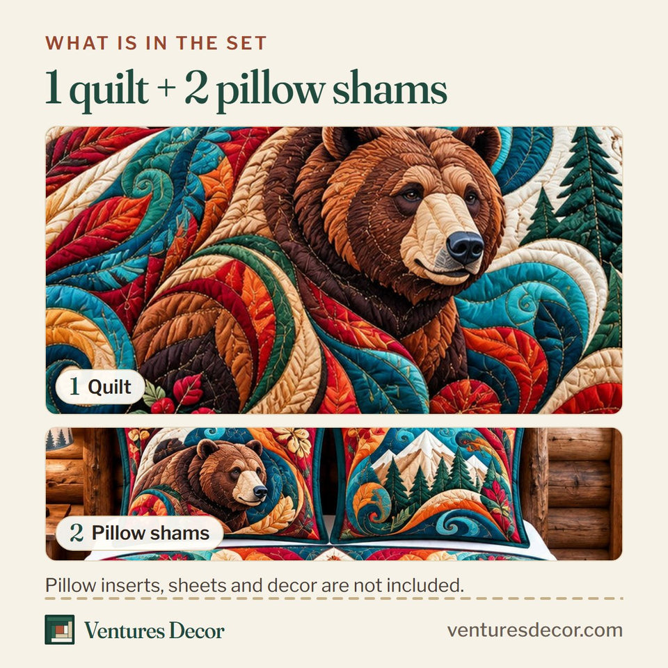 What is in the set: one quilt and two pillow shams, shown in the Rustic Bear Lodge Quilt Set, 3-Piece Quilted Bedding with 2 Pillow Shams design