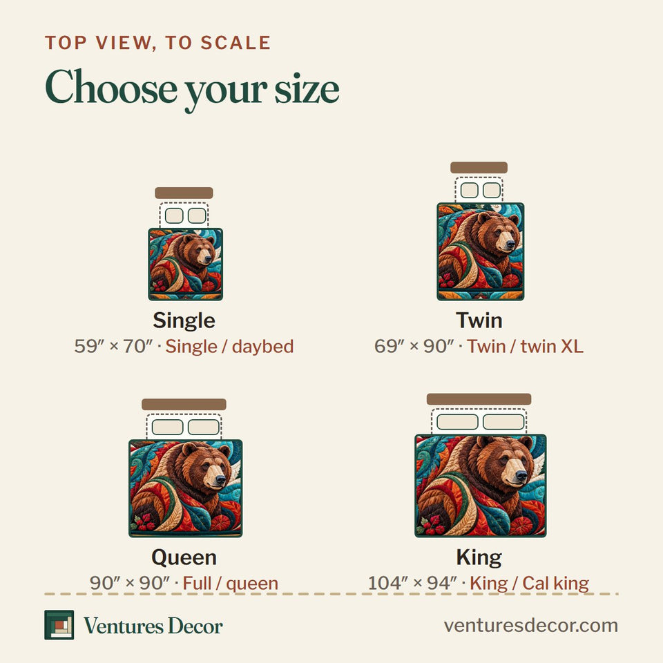 Size guide for the Rustic Bear Lodge Quilt Set, 3-Piece Quilted Bedding with 2 Pillow Shams quilt, top view to scale: Single 59 x 70 in, Twin 69 x 90 in, Queen 90 x 90 in, King 104 x 94 in