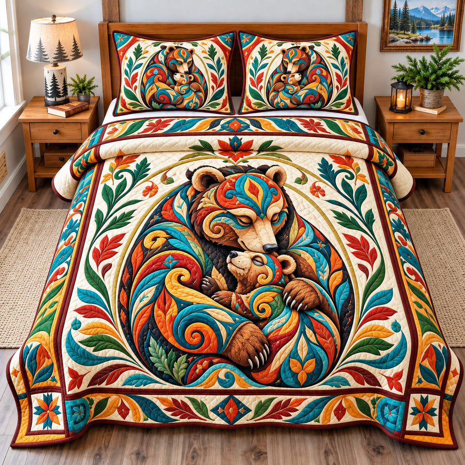 Rustic Bear Mountain quilted bedding set, quilt and two pillow shams on a made bed