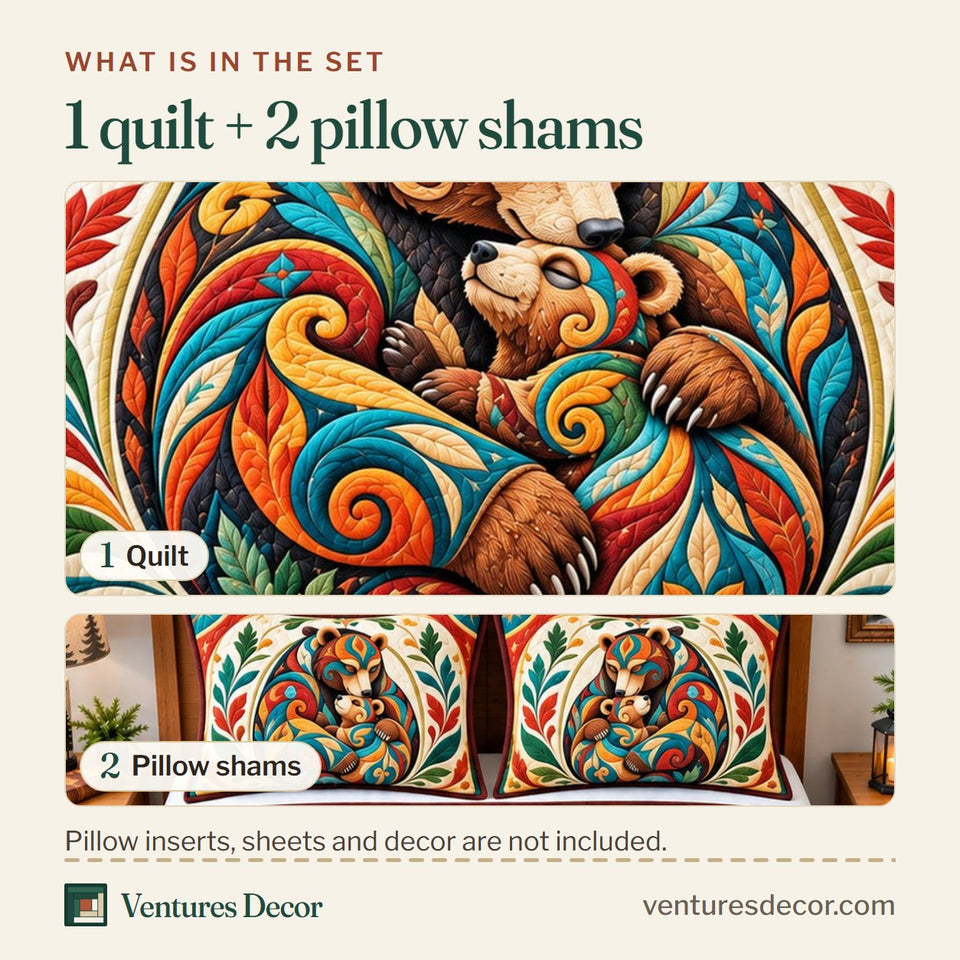What is in the set: one quilt and two pillow shams, shown in the Rustic Bear Mountain Quilt Set, 3-Piece Quilted Bedding with 2 Pillow Shams design