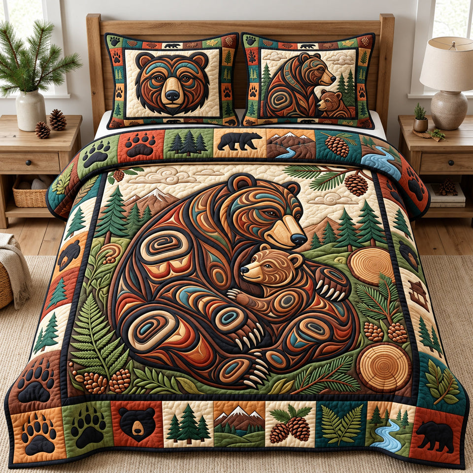 Rustic Bear quilted bedding set, quilt and two pillow shams on a made bed