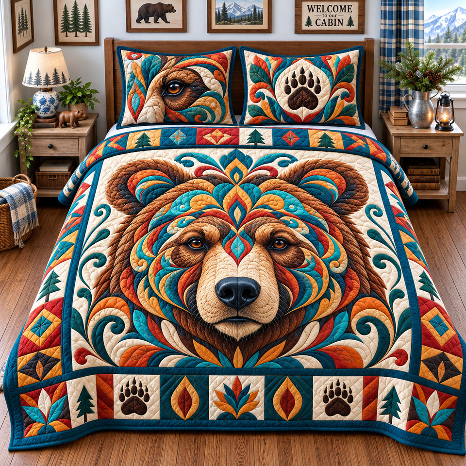 Rustic Bear Retreat quilted bedding set, quilt and two pillow shams on a made bed